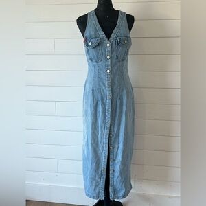 Vintage Blue 90s Denim Midi Dress Button Front Size 7/8 Made in‎ USA Y2K Western